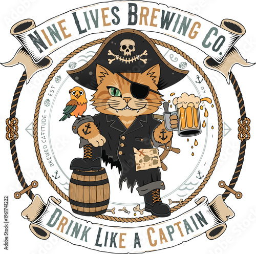 A ginger pirate cat mascot holding a mug of beer with a small parrot for a brewing company logo isolated on transparent background Round Draw Logo, Editable Vector