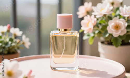 perfume bottle on pastel balcony table with blooming flowers sunlight  Generative AI