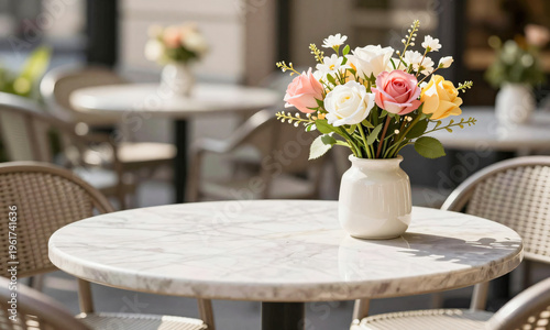 product placed on outdoor café table with fresh flowers and sunlight  Generative AI