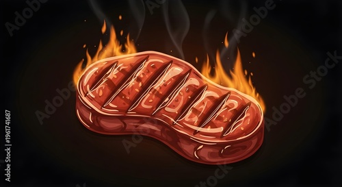 Juicy grilled steak with sear marks and flames on a dark background. Bold barbecue meat illustration with smoky heat, perfect for menu design, posters, and food promotions.

