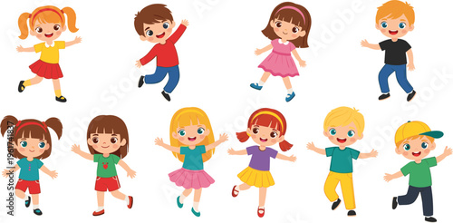 Collection of happy kids vector illustrations showing children jumping dancing playing and expressing joy colorful cartoon characters set