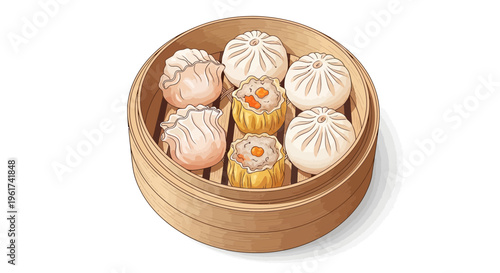 Bamboo Steamer Basket with Assorted Dim Sum Dumplings