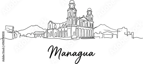 Managua Nicaragua city skyline and cathedral minimal continuous line drawing vector illustration