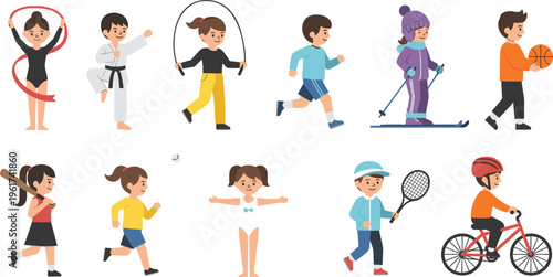 Collection of kids sports vector illustrations showing running cycling tennis basketball skiing gymnastics and fitness activities cartoon characters set
