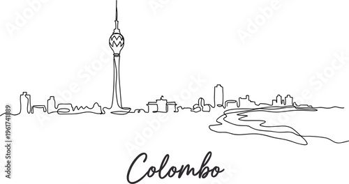Minimalist Colombo Sri Lanka city skyline with Lotus Tower continuous line vector illustration