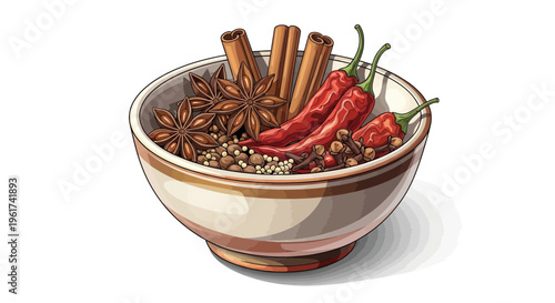Bowl of spices: star anise, chili peppers, cinnamon, peppercorns