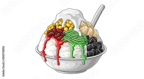 Colorful Asian dessert bowl with shaved ice, beans, corn, and jellies