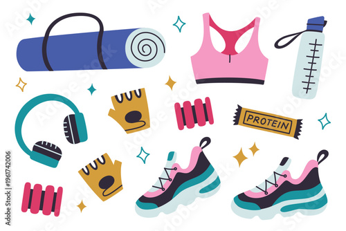 Fitness set with sport mat, women top, sneakers, wrist and ankle weights, protein bar, water bottle, headphones. Stylish workout accessories and activewear, healthy lifestyle vector illustration