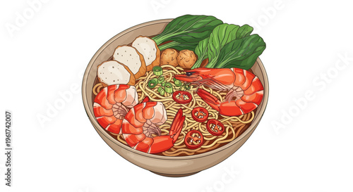 Delicious Prawn Noodle Soup Bowl Illustration