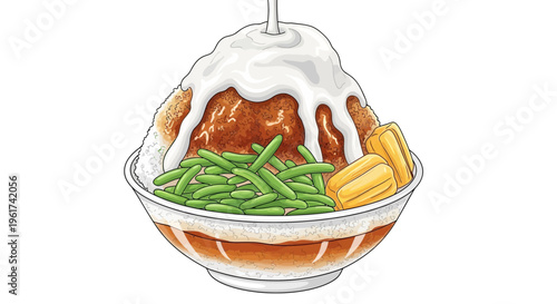 Dessert with shaved ice, coconut milk, beans, and corn