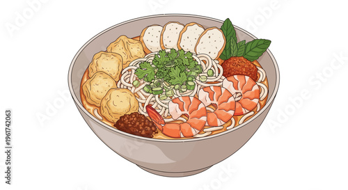 Flavorful Noodle Soup Bowl with Shrimp, Fish Cakes, and Herbs