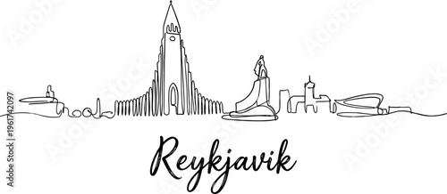Reykjavik Iceland city skyline with Hallgrimskirkja church continuous line drawing vector illustration