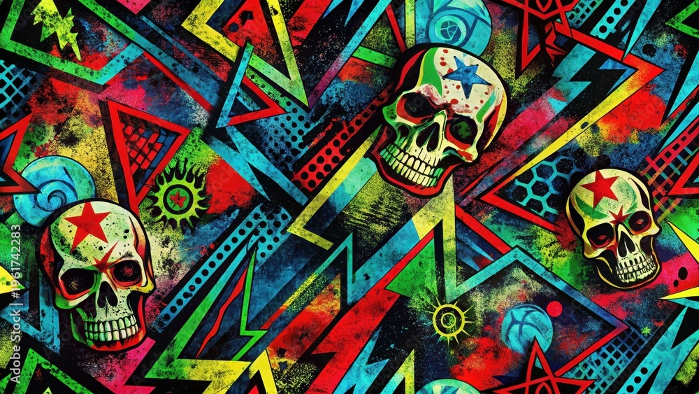 Fototapeta premium A photo of an abstract background with bright colors and a free pattern in punk style, featuring geometric shapes, bold lines, and vibrant hues like r