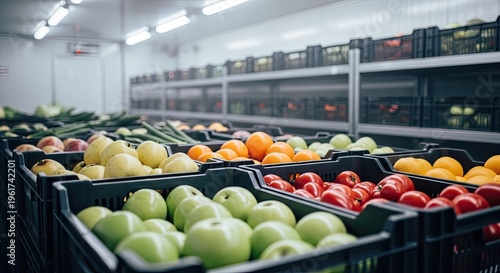 A refrigerated storage area displays several crates filled with colorful fresh fruits. The crates contain green apples, red apples, oranges, tomatoes, and pears.