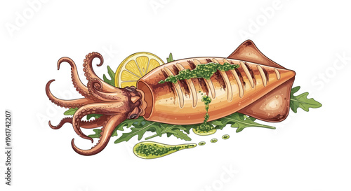 Grilled squid with lemon and pesto on arugula, isolated on white background