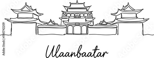 Ulaanbaatar city landmark temple architecture minimalist continuous line art vector illustration