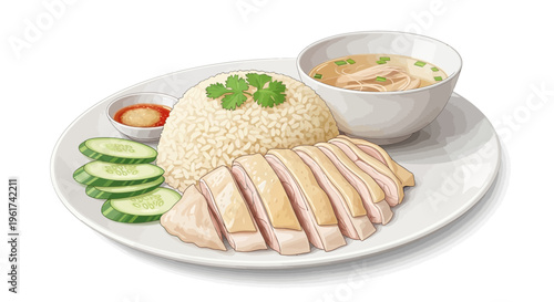 Hainanese Chicken Rice Dish with Soup and Cucumber Slices