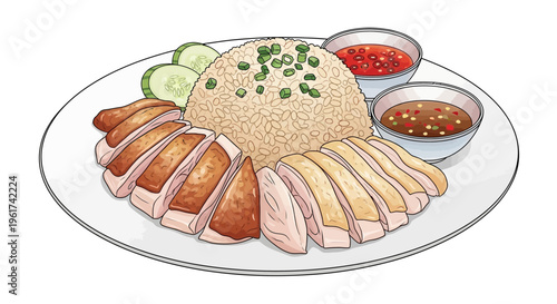 Hainanese Chicken Rice Illustration: Sliced Chicken, Fluffy Rice, Cucumbers, and Sauces