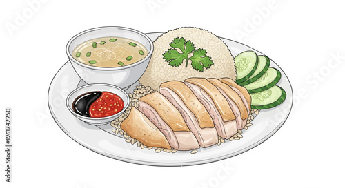Hainanese Chicken Rice Plate Illustration