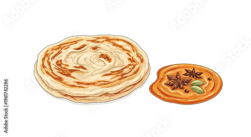Layered paratha bread with curry and spices illustration