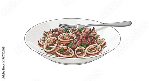 Seafood pasta with calamari rings and parsley, served on a white plate with a fork.