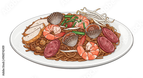 Seafood Noodles Dish with Shrimp, Scallops, and Sausage