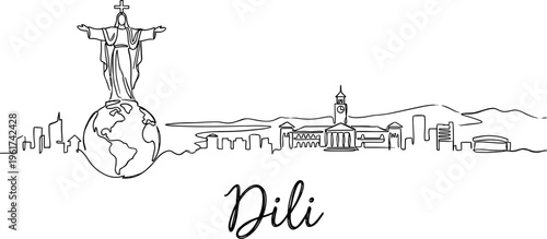 Dili Timor Leste skyline with Cristo Rei statue continuous line drawing vector illustration