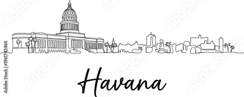 Havana Cuba city skyline with Capitolio building one line art vector illustration