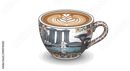 Singapore Skyline Decorated Coffee Cup with Latte Art
