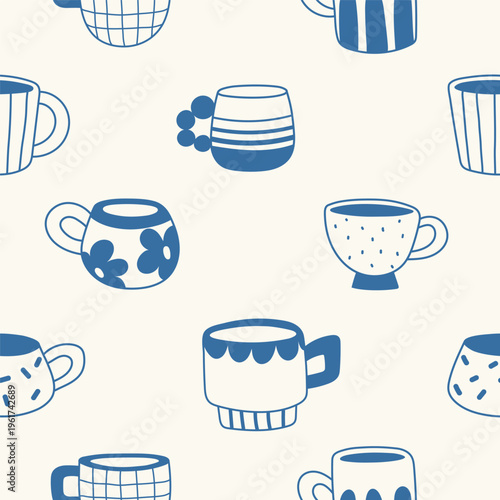 Seamless pattern with line monochrome ceramic mugs and cups. Repeating print of decorated tableware
