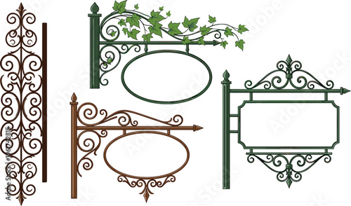 Vintage wrought iron signboards vector set decorative metal frames ornamental shop signs retro design illustration collection isolated elements