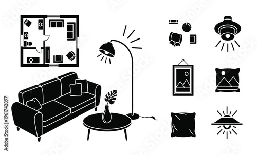 Black and white living room furniture.