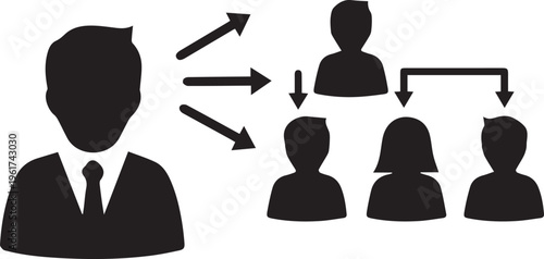 Business leader managing team with arrows connecting people vector silhouette illustration