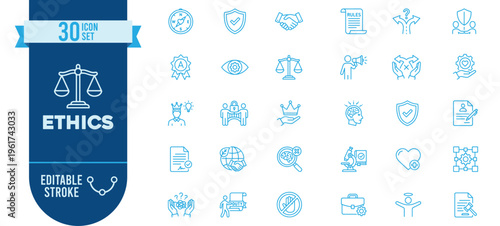 Ethics icon set. Contains icons related to integrity, trust, justice, handshake, transparency, responsibility, moral, shield, law, leadership, heart, global, research, freedom and more Editable stroke
