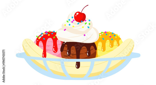 Delicious Banana Split Ice Cream Sundae with Cherry and Sprinkles