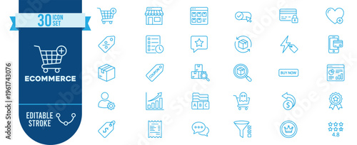 Ecommerce icon set. Contains icons related to shopping cart, store, payment, tag, coupon, wishlist, delivery, return, search, review, rating, sales, funnel, receipt and more. Editable stroke.