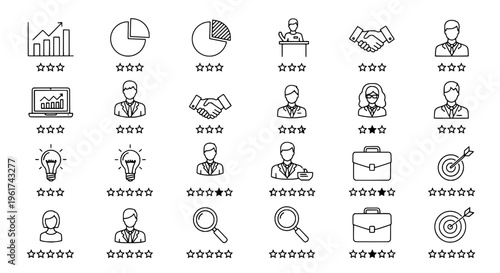 Business icons set with line style and star ratings for office, finance, and management featuring professional, corporate, graph with chart and