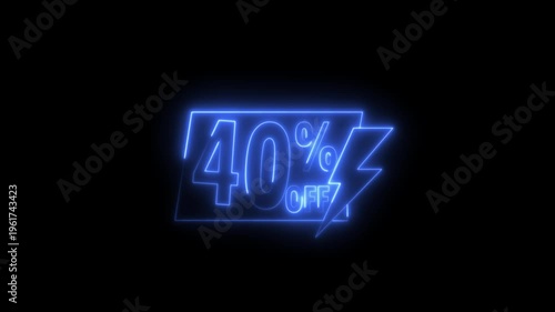 Neon sale sign 40 percent off discount promotion retail store advertising glowing text on black background.