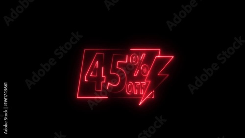 Neon sale sign 45 percent off discount promotion retail store advertising glowing text on black background.