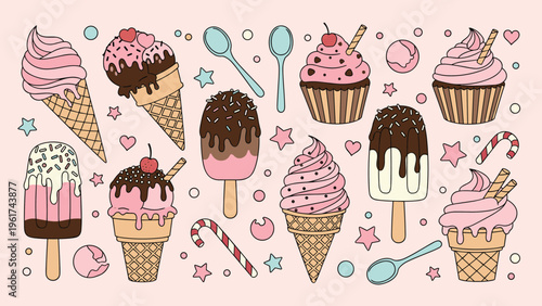 Large collection of diverse sweet frozen treats including ice cream cones, popsicles, cupcakes, and colorful sprinkles on a pink background.