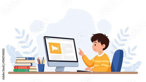 Young student sitting at a desk and using a desktop computer to watch educational video content with fast forward controls for learning.