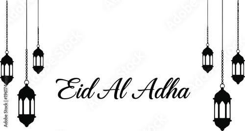 Eid Al Adha Typography with Hanging Lanterns Silhouette