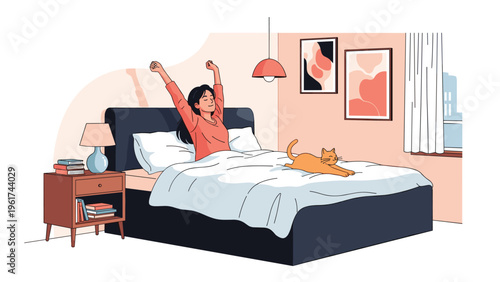 Young woman stretching and waking up in a comfortable bedroom in the morning with a pet cat on the bed and sunlight coming through a window.