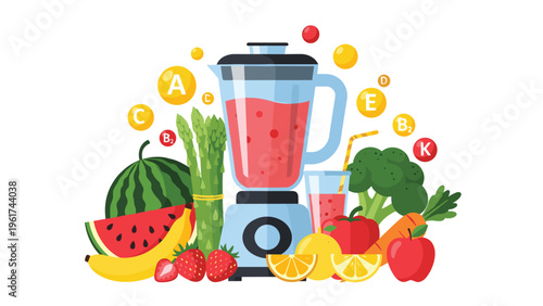 Healthy lifestyle concept with a kitchen blender making a fresh smoothie surrounded by diverse colorful fruits and organic vegetables.
