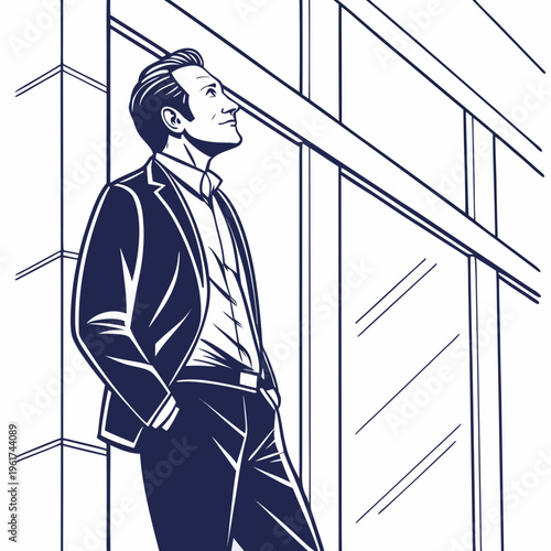 A minimalist vector illustration of a businessman looking up at a building