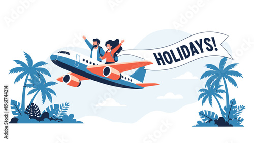 Happy couple waving from a flying airplane on their way to a tropical vacation destination with palm trees and a holiday banner message.