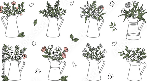 Collection of floral pitcher vector illustrations in line art style featuring bouquets in vintage jugs botanical sketches set