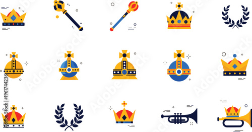 Collection of royal vector icons including crowns scepters orbs laurel wreaths and trumpets in decorative heraldic style set