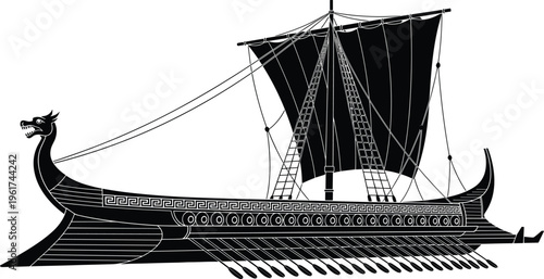 Detailed illustration of an ancient warship with dragon figurehead, large sail, oars and decorative patterns, historical maritime vessel graphic design