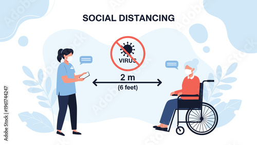 Medical professional maintaining social distance from a senior patient in a wheelchair to ensure health, safety, and infection control.